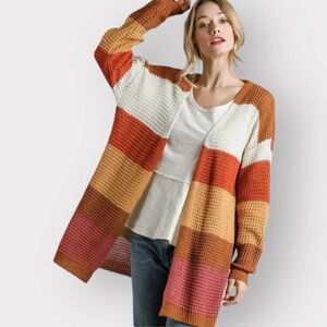 Umgee Knit Open Front Stripe Colorblock Sweater Cardigan Size Medium